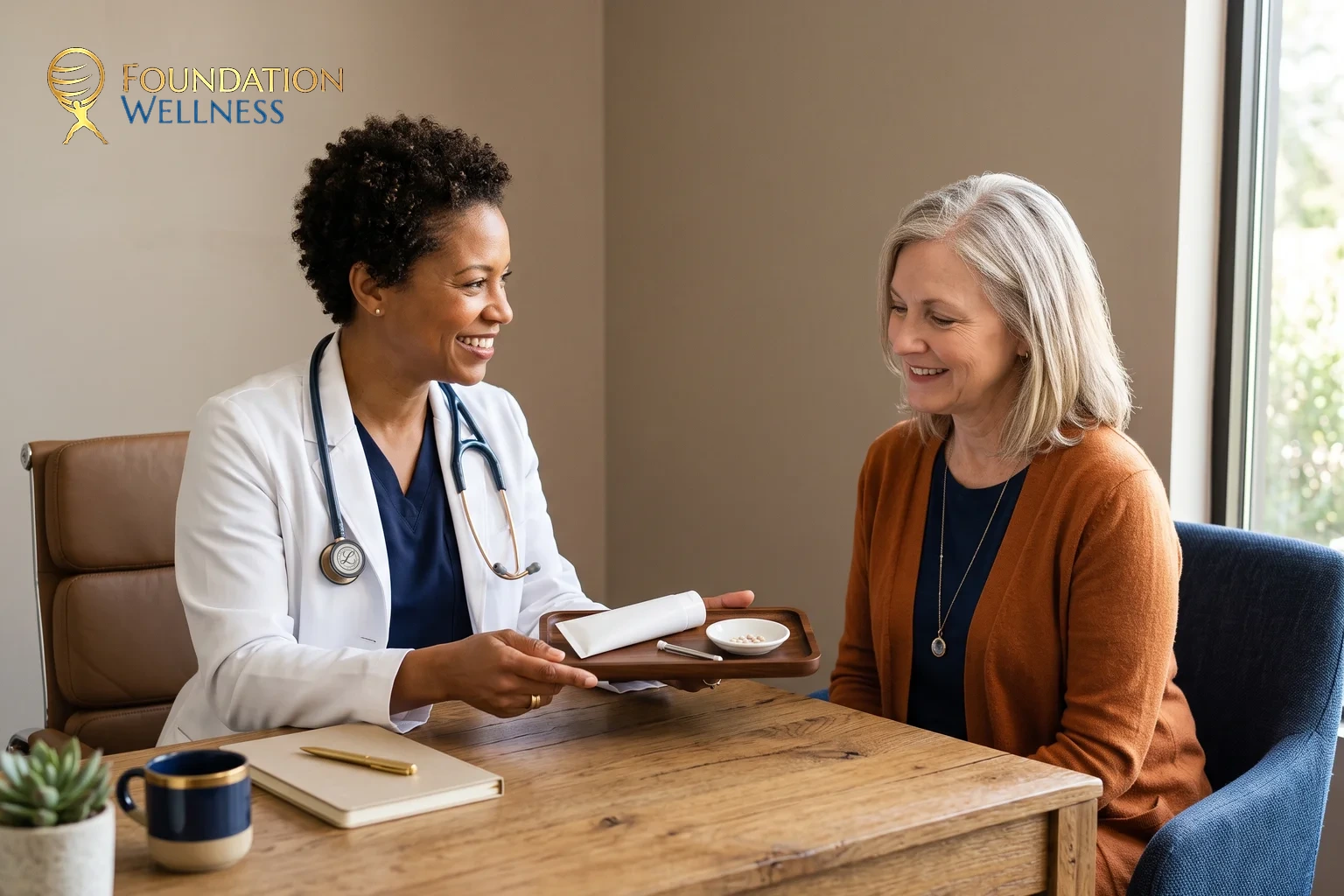 A physician showing bioidentical hormone options to a woman during an HRT consultation