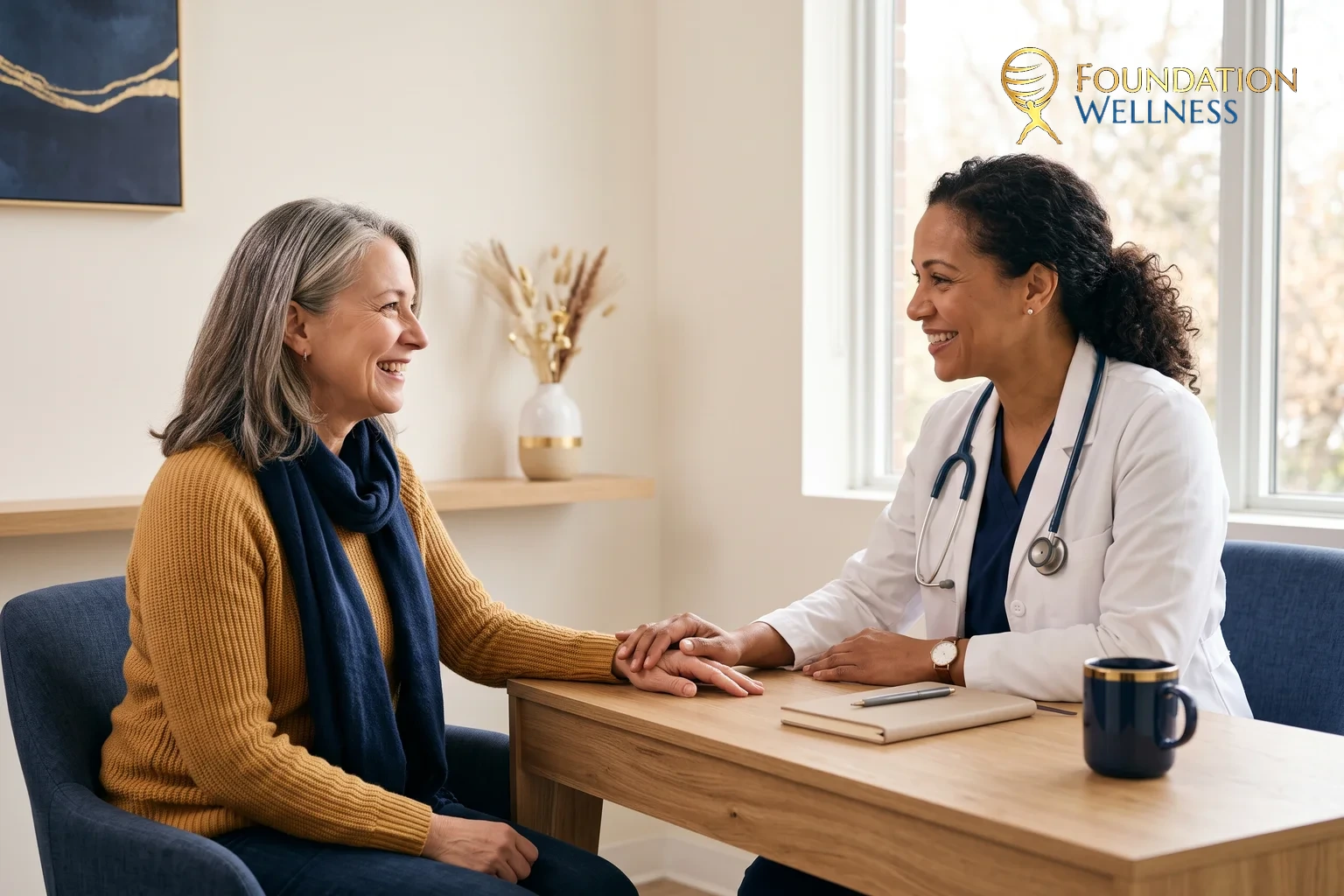 A reassuring HRT consultation between a physician and a woman in her fifties
