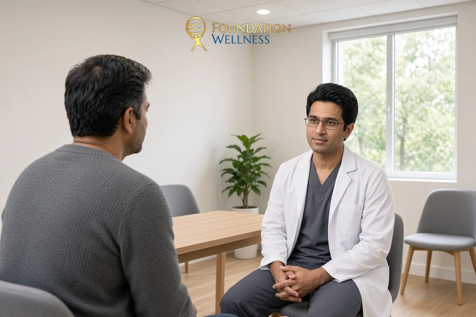 A patient tells a seated clinician in a white coat about his foggy workdays as they start planning brain fog treatment