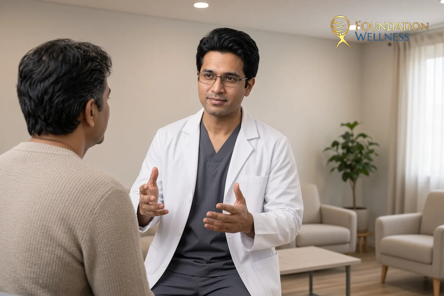 A clinician explains common causes of brain fog to a patient during an unhurried visit in a calm consult room