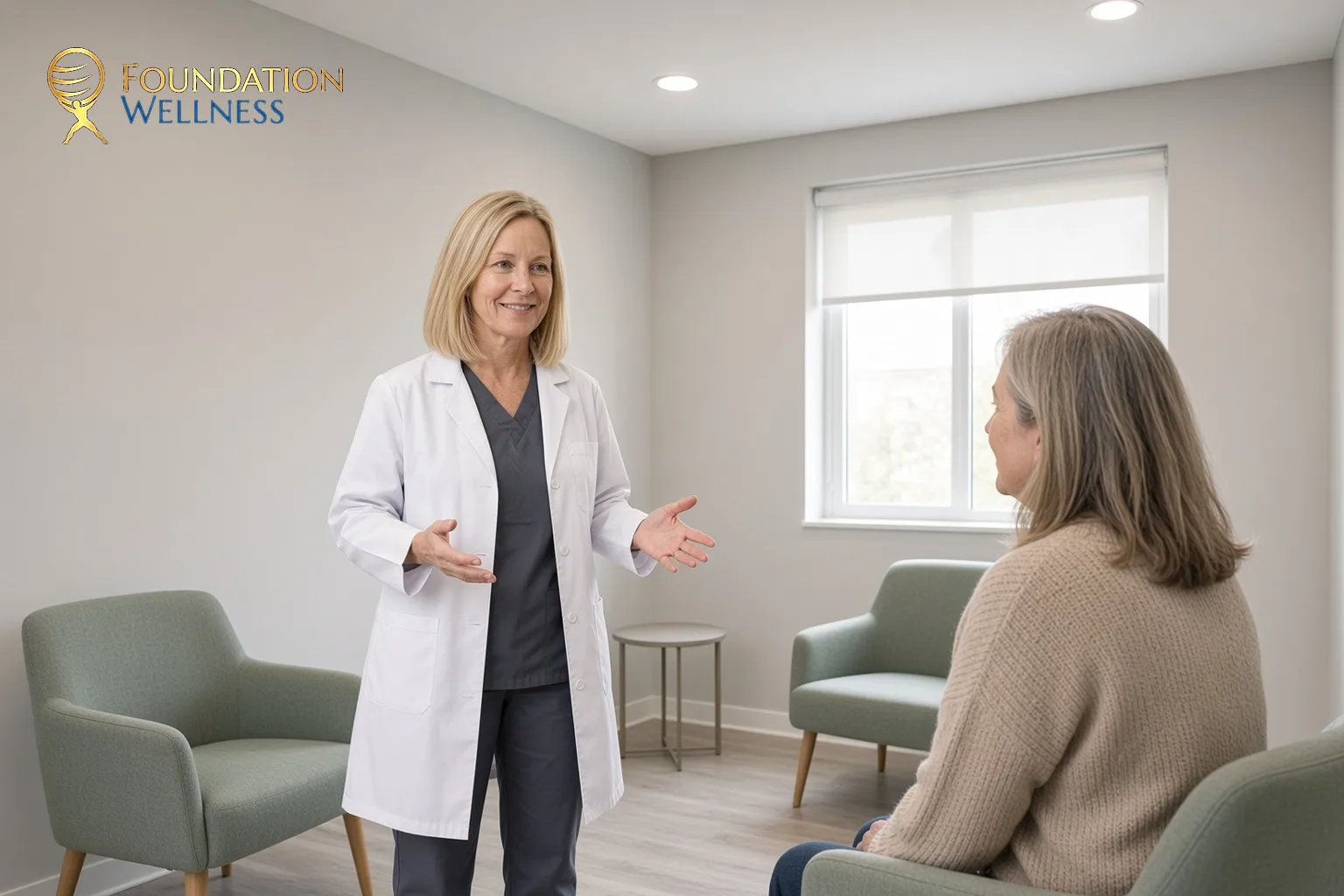 A standing clinician talks a seated Utah patient through brain fog treatment options and next steps