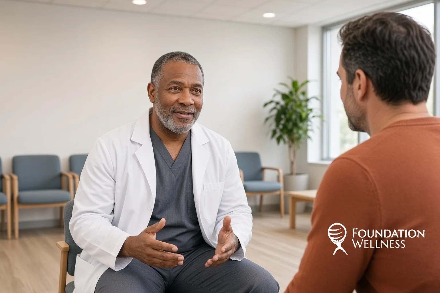 A clinician gestures with open hands as he answers a patient asking whether low testosterone can cause depression