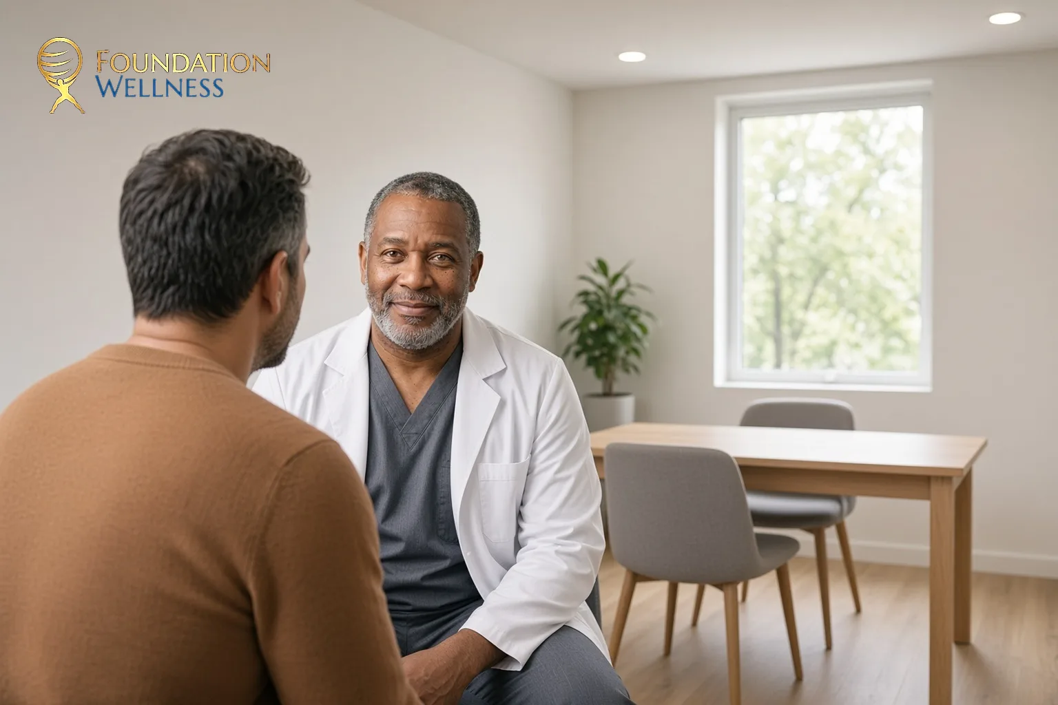 A clinician leans forward to talk with a male patient about telling low testosterone apart from clinical depression