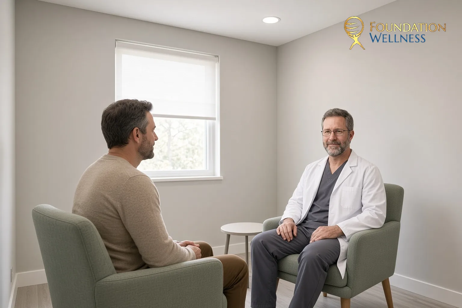 A Utah man and his clinician settle into armchairs at the start of a visit about mood and hormone care