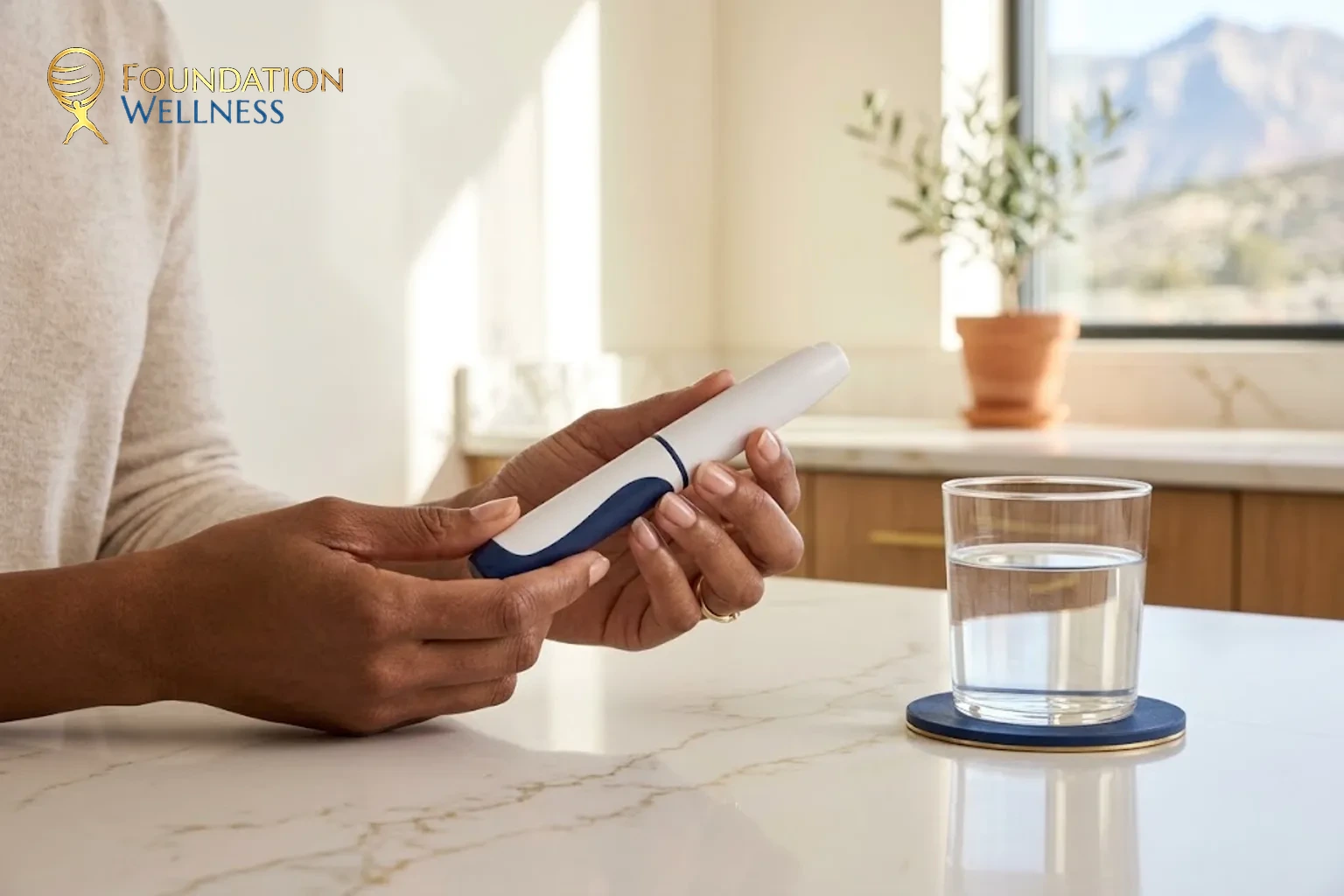 Hands holding a closed GLP-1 medication pen on a clean kitchen counter, no needle shown