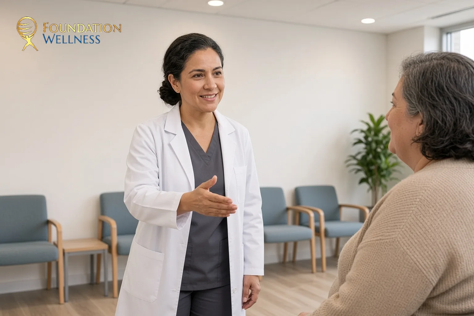 A smiling clinician answers a patient’s questions about how much of the weight lost on GLP-1 medicine can be muscle