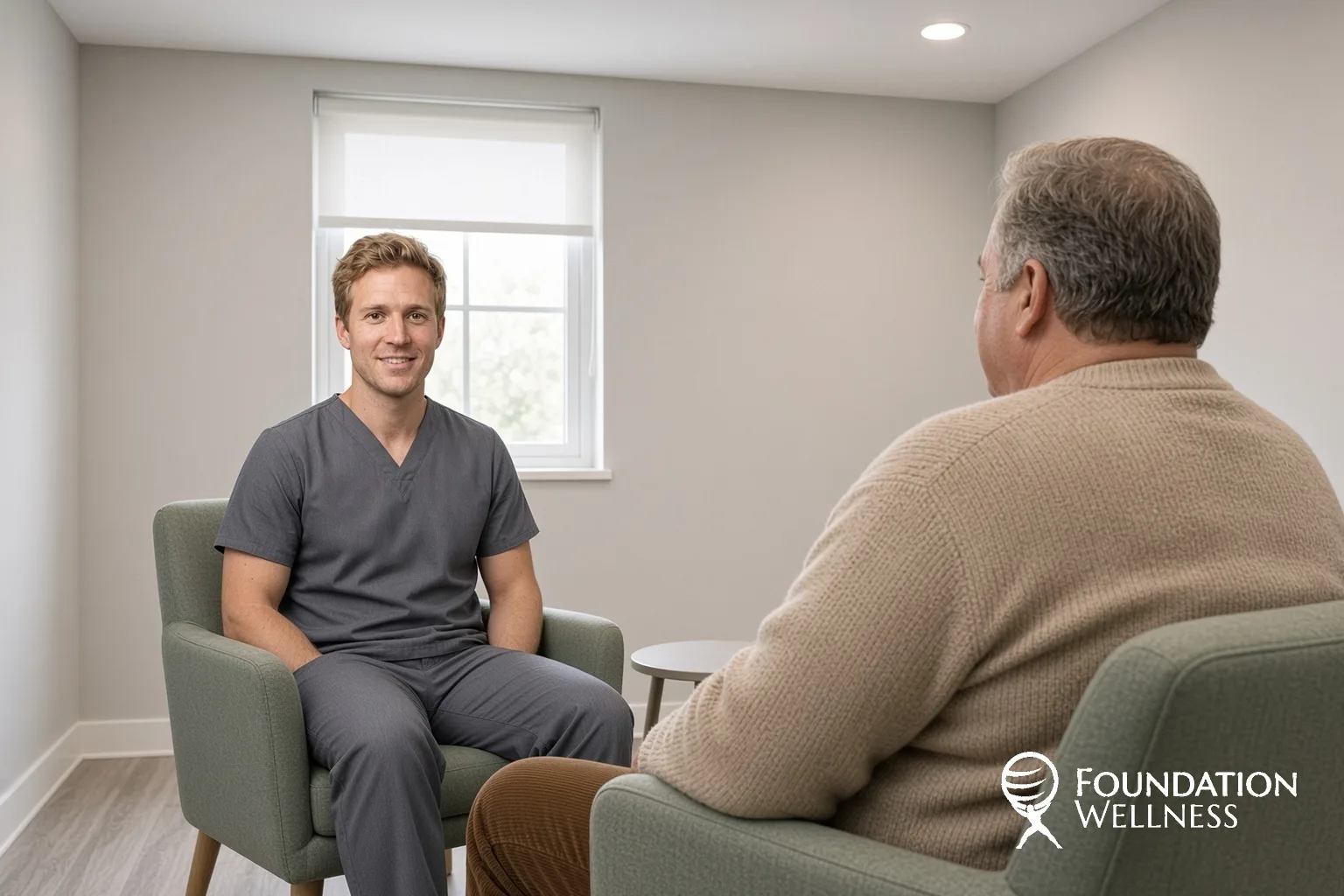 A clinician in scrubs talks with a patient from American Fork about weight management and GLP-1 therapy