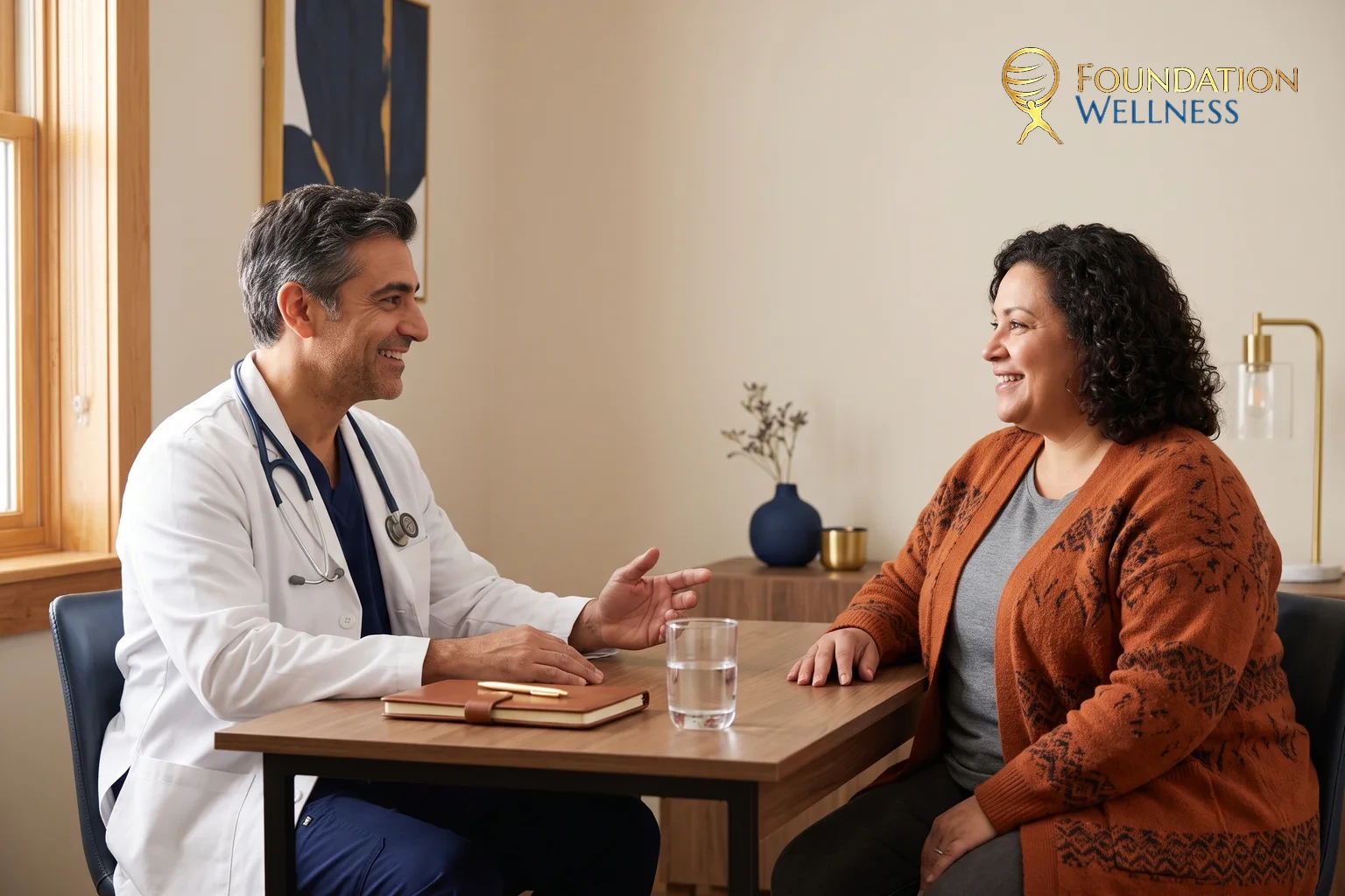 A physician reassuring a patient about GLP-1 side effects during a calm clinic visit