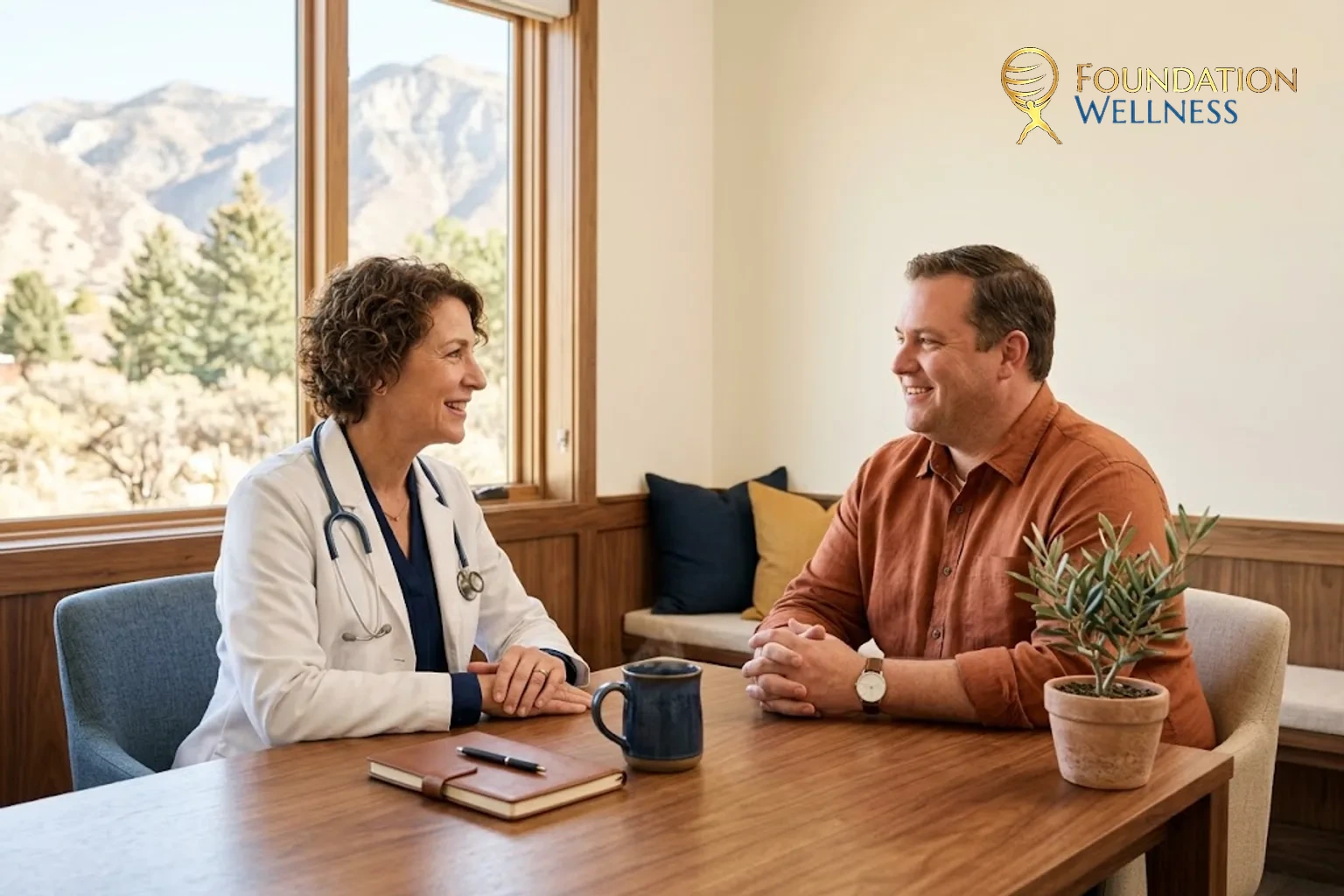 A white-coat clinician and a patient review a monthly weight-loss check-in schedule on a tablet