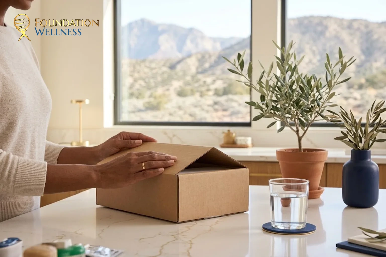 A discreet, unbranded medication shipment box opened on a home kitchen counter