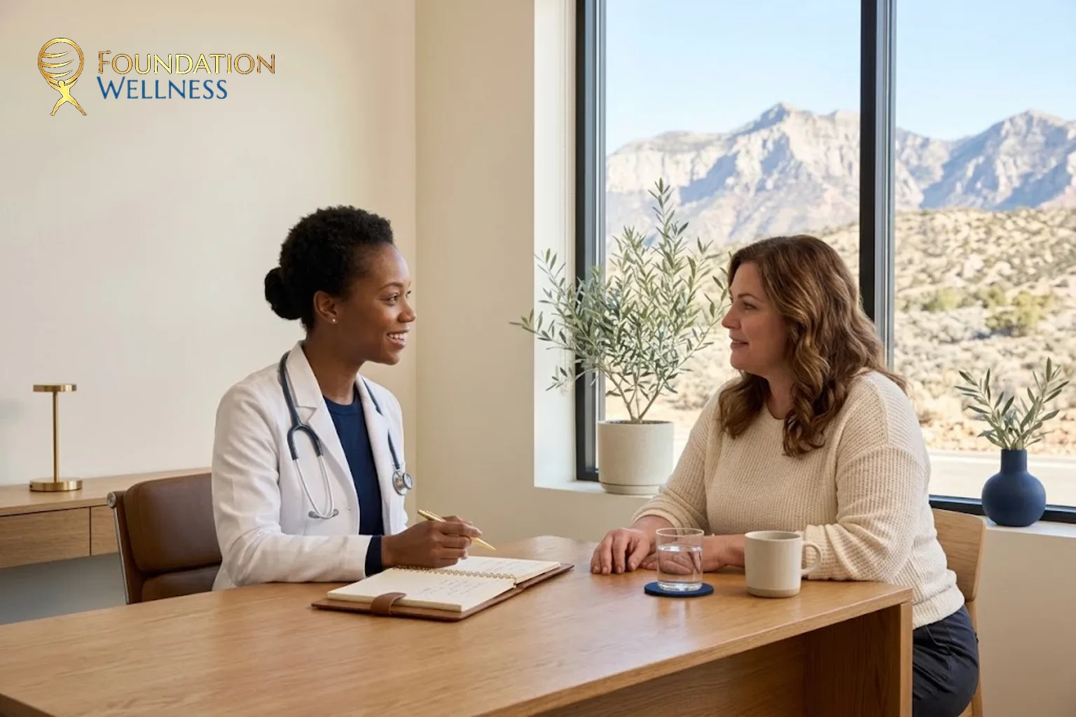 A white-coat clinician explains a simple weight-loss plan to a patient in a cozy Utah consult room