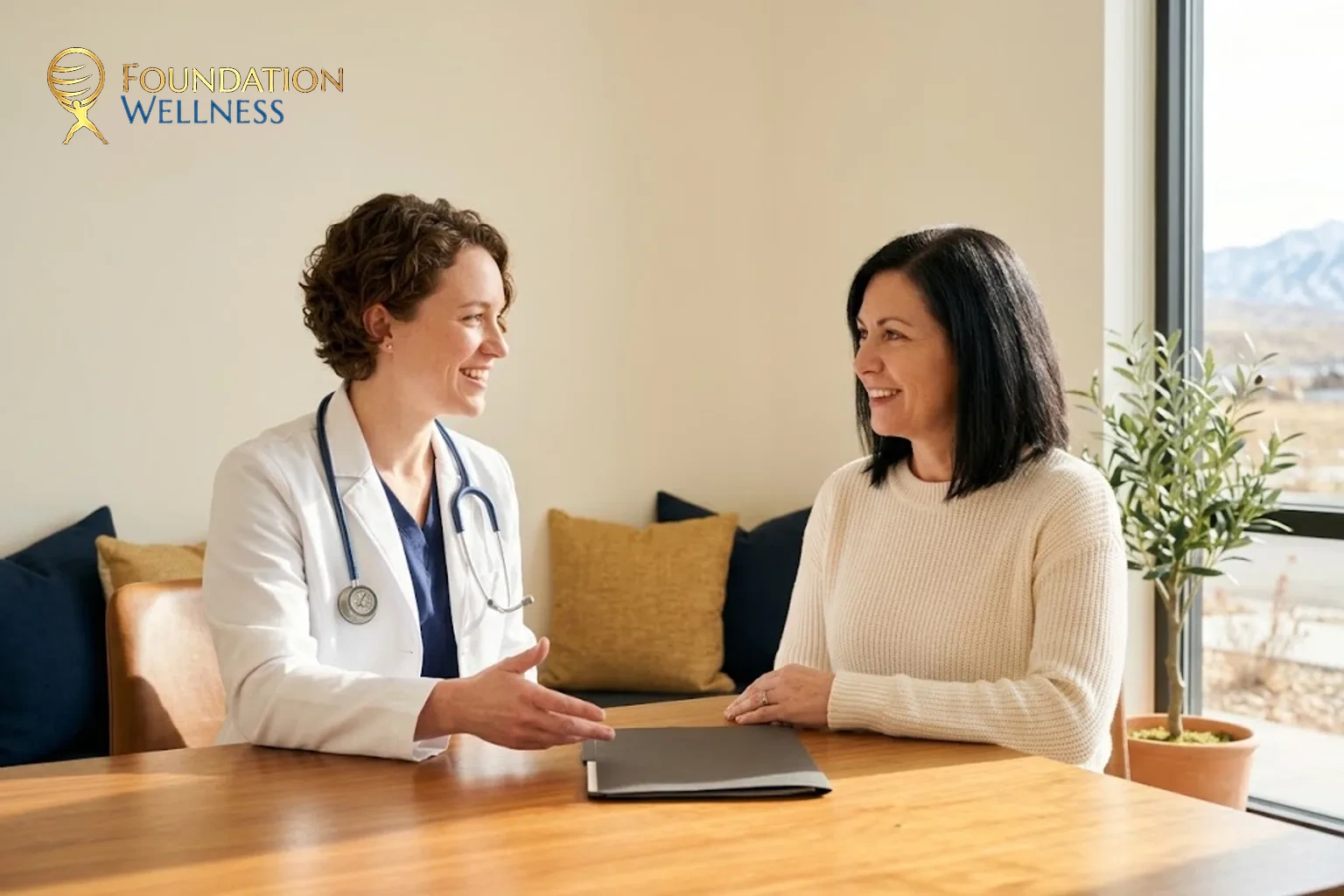 A white-coat clinician reviews a hormone lab panel on a tablet with a woman patient in American Fork