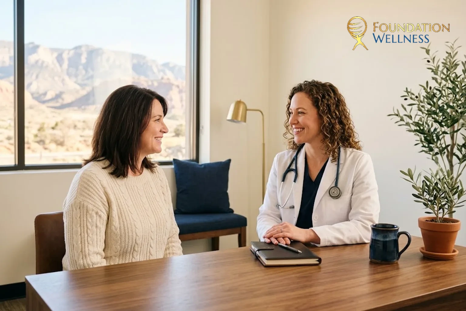 A clinician and patient review a follow-up appointment schedule for hormone monitoring