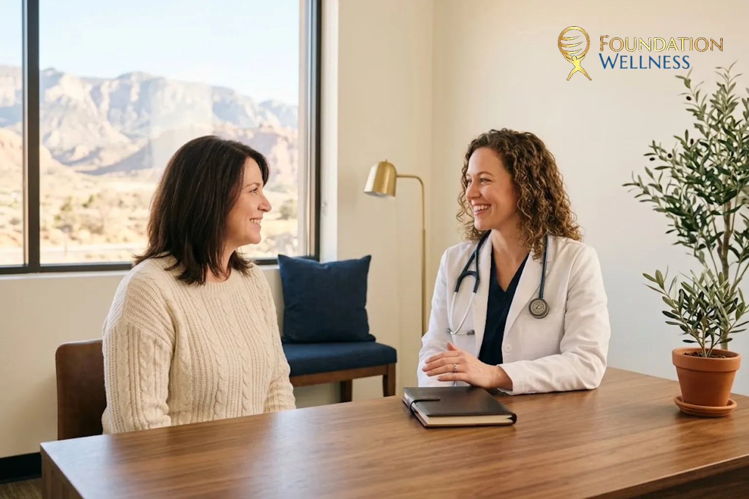 A white-coat clinician reviews a personalized hormone-therapy plan with a woman patient