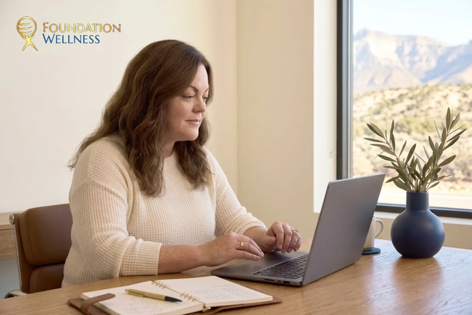 A woman on a telehealth hormone-therapy call from home near Pleasant Grove, Utah