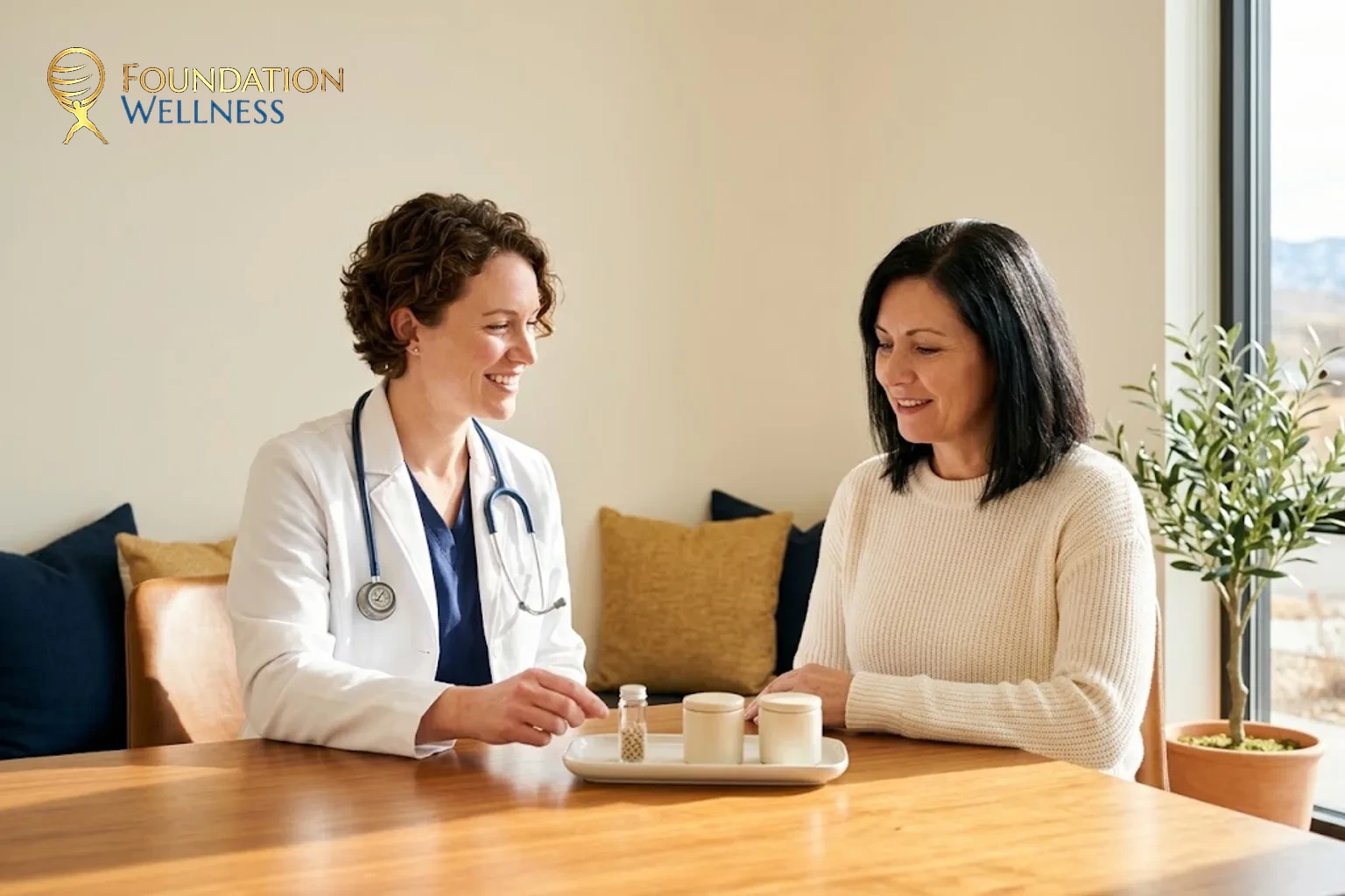 A white-coat clinician shows hormone-therapy delivery options on a tray to a woman patient