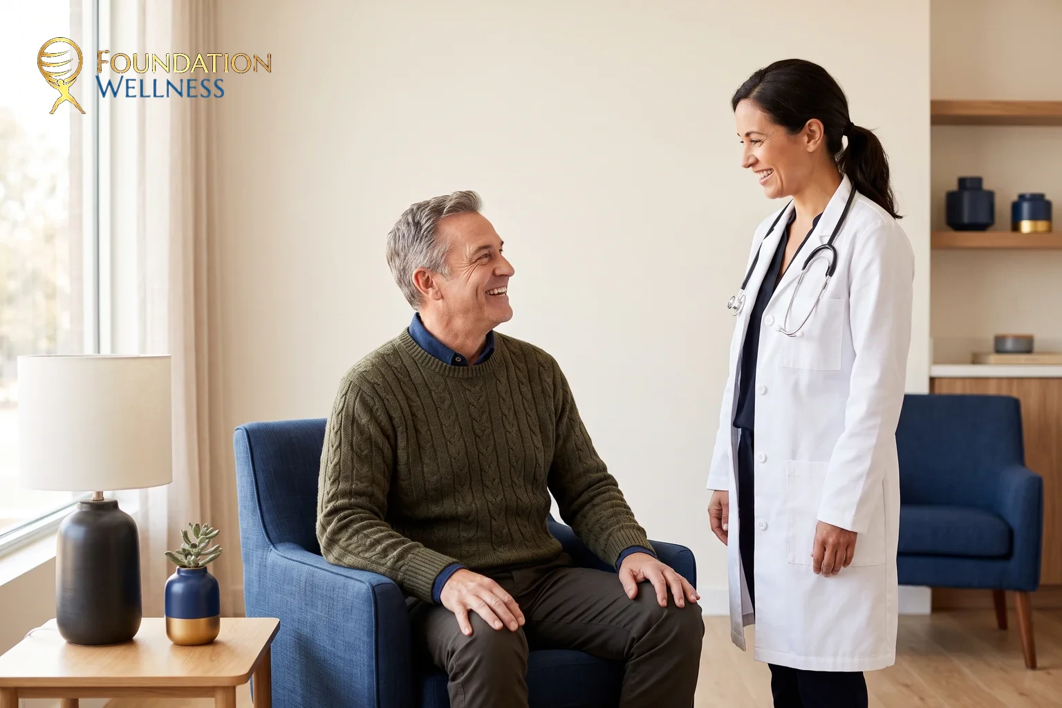 An energized man in his 40s during a TRT follow-up visit in Utah