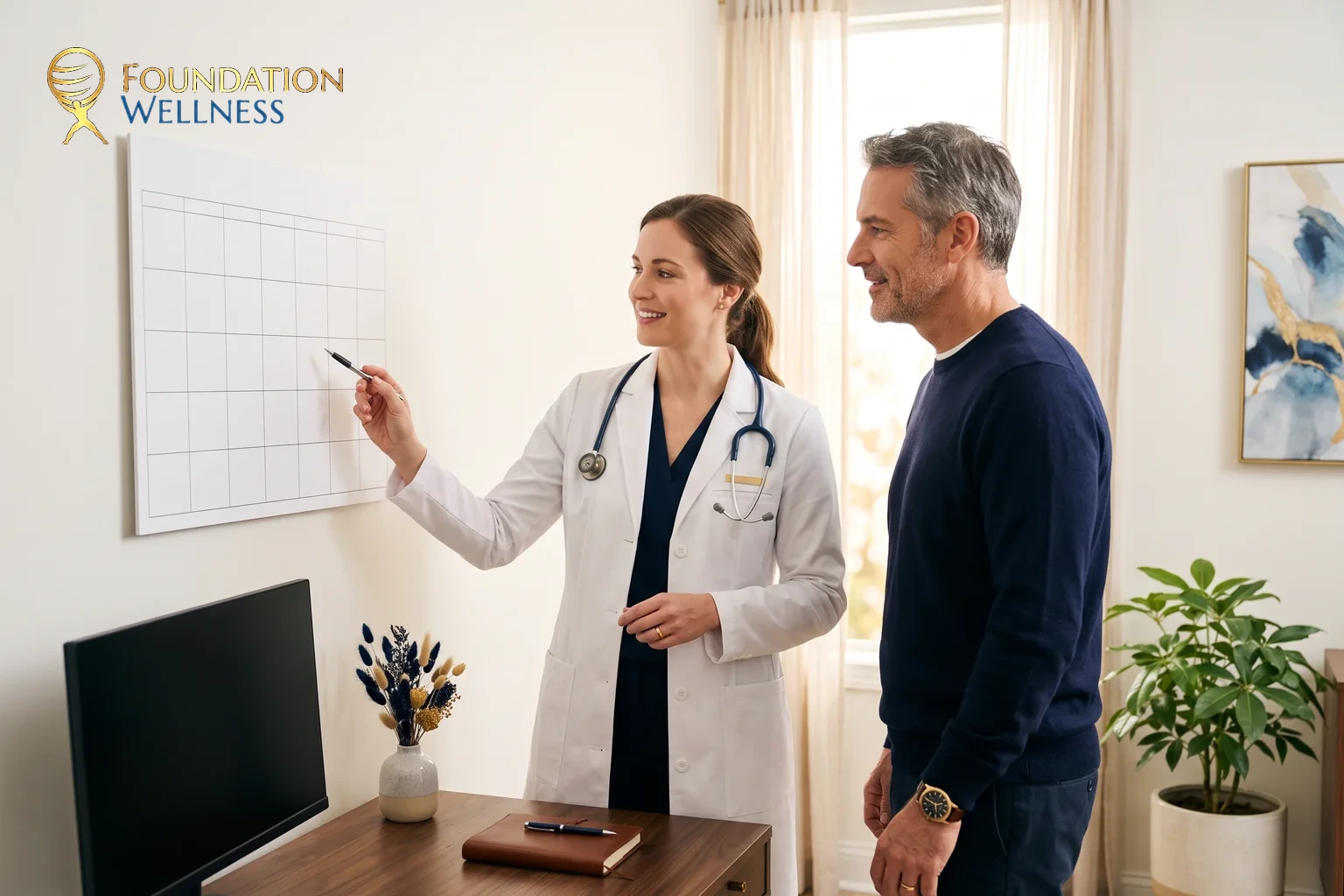 A physician discussing the TRT results timeline with a patient