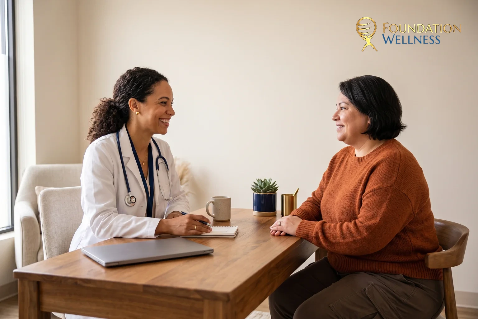 A physician encouraging a patient about realistic GLP-1 weight-loss goals
