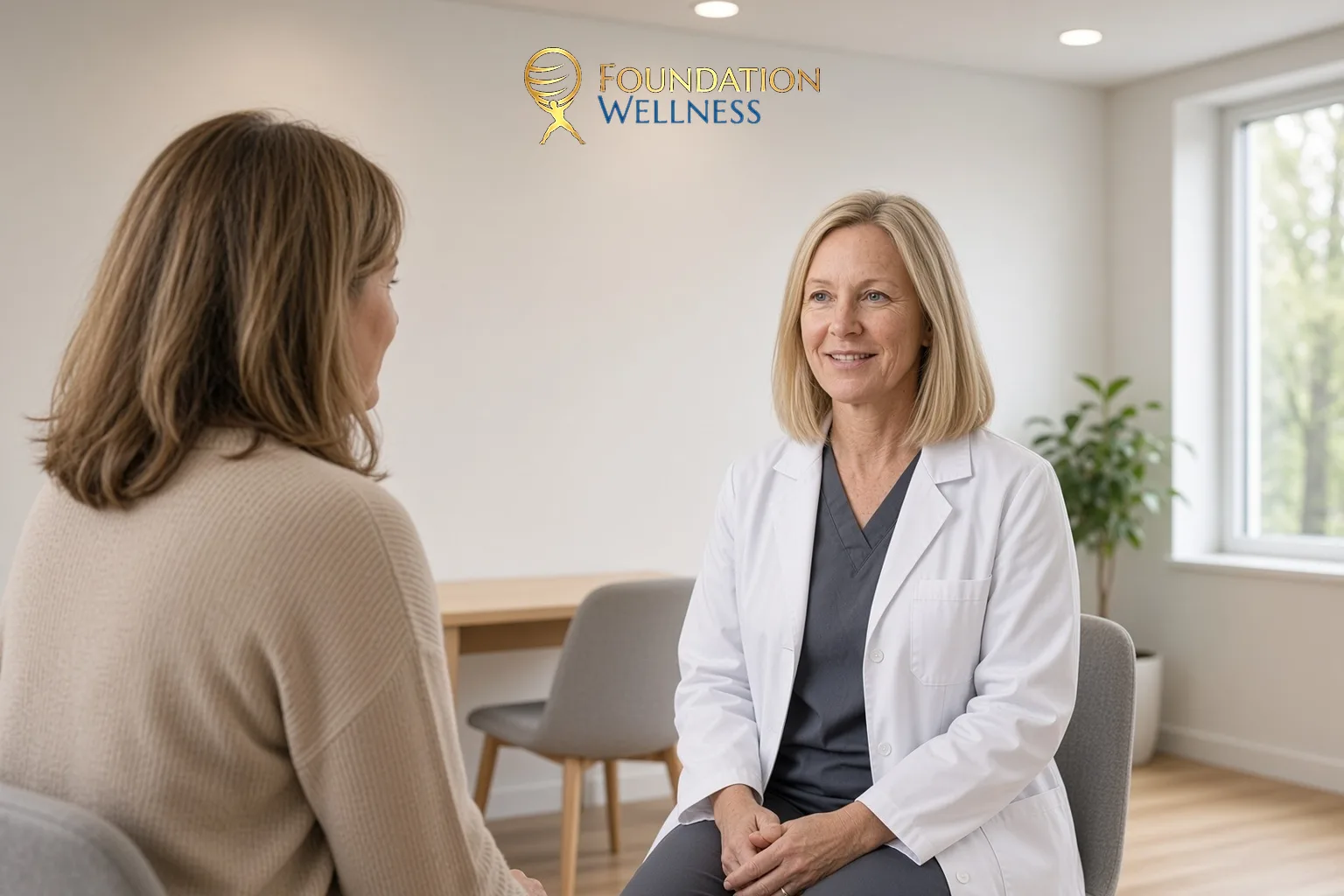 A clinician sits with a woman in her fifties and calmly explains what HRT means for her breast cancer risk