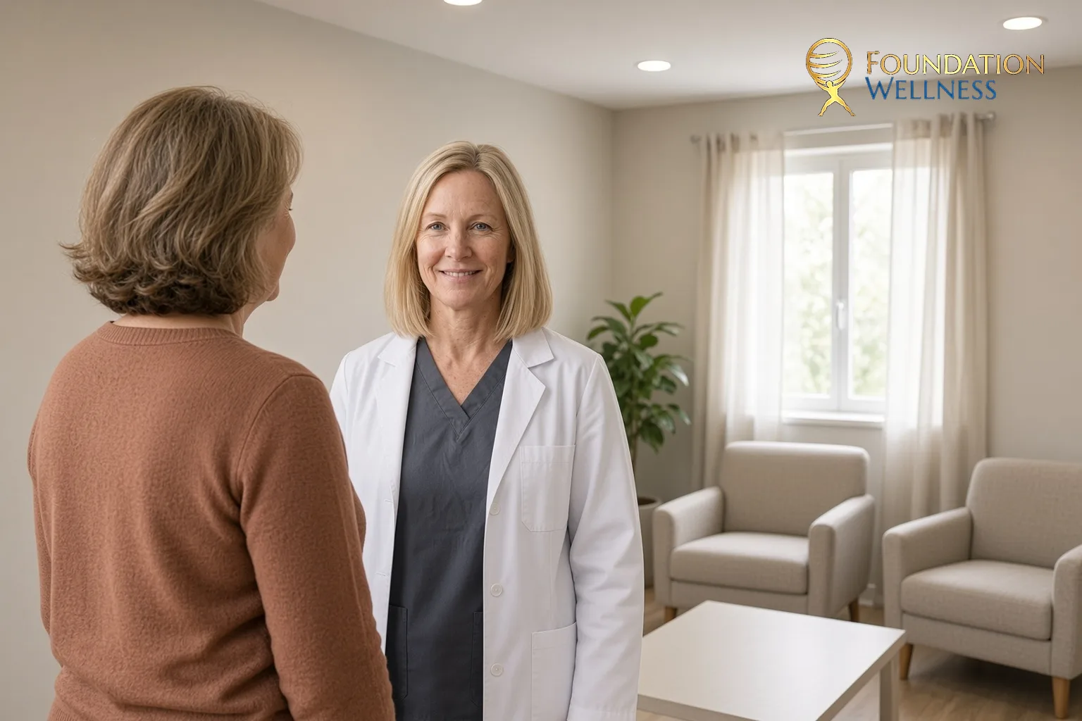 A clinician and a patient share a smile at the end of a visit about the absolute breast cancer risk from HRT