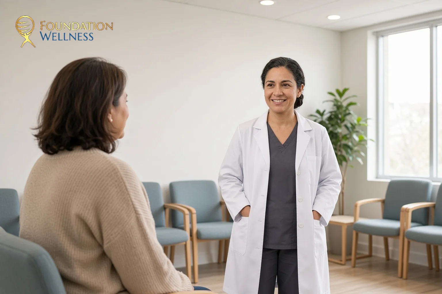 A clinician talks with a seated Utah patient in a bright room while they weigh the benefits and risks of HRT together