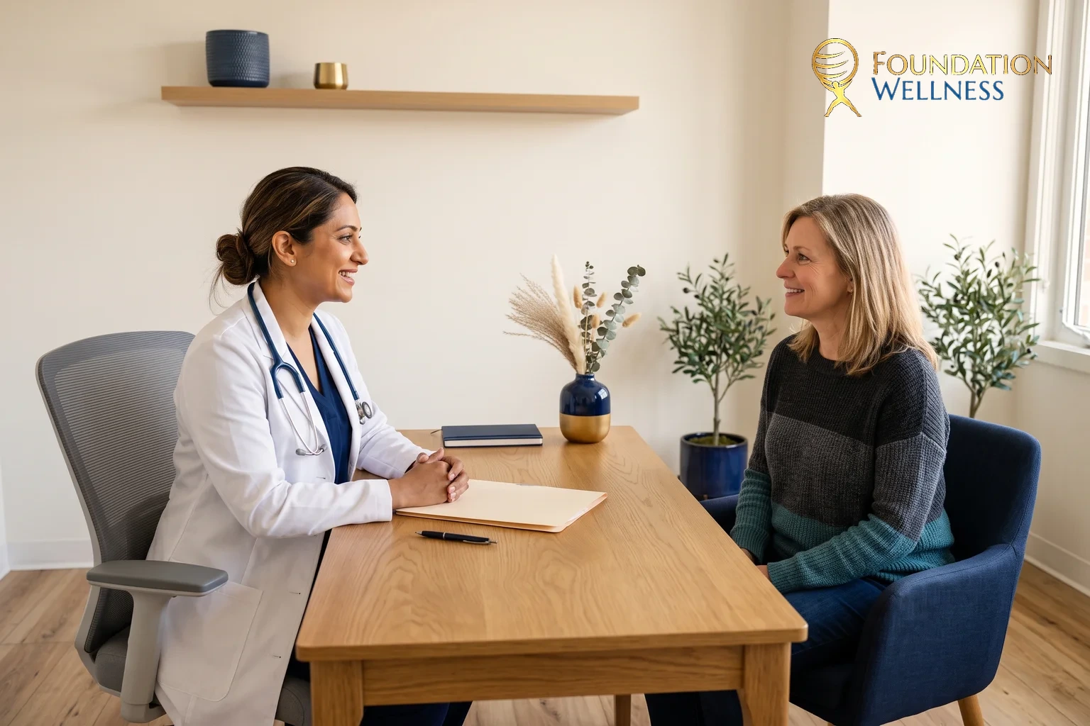 A physician discussing HRT costs and coverage with a woman patient in Utah