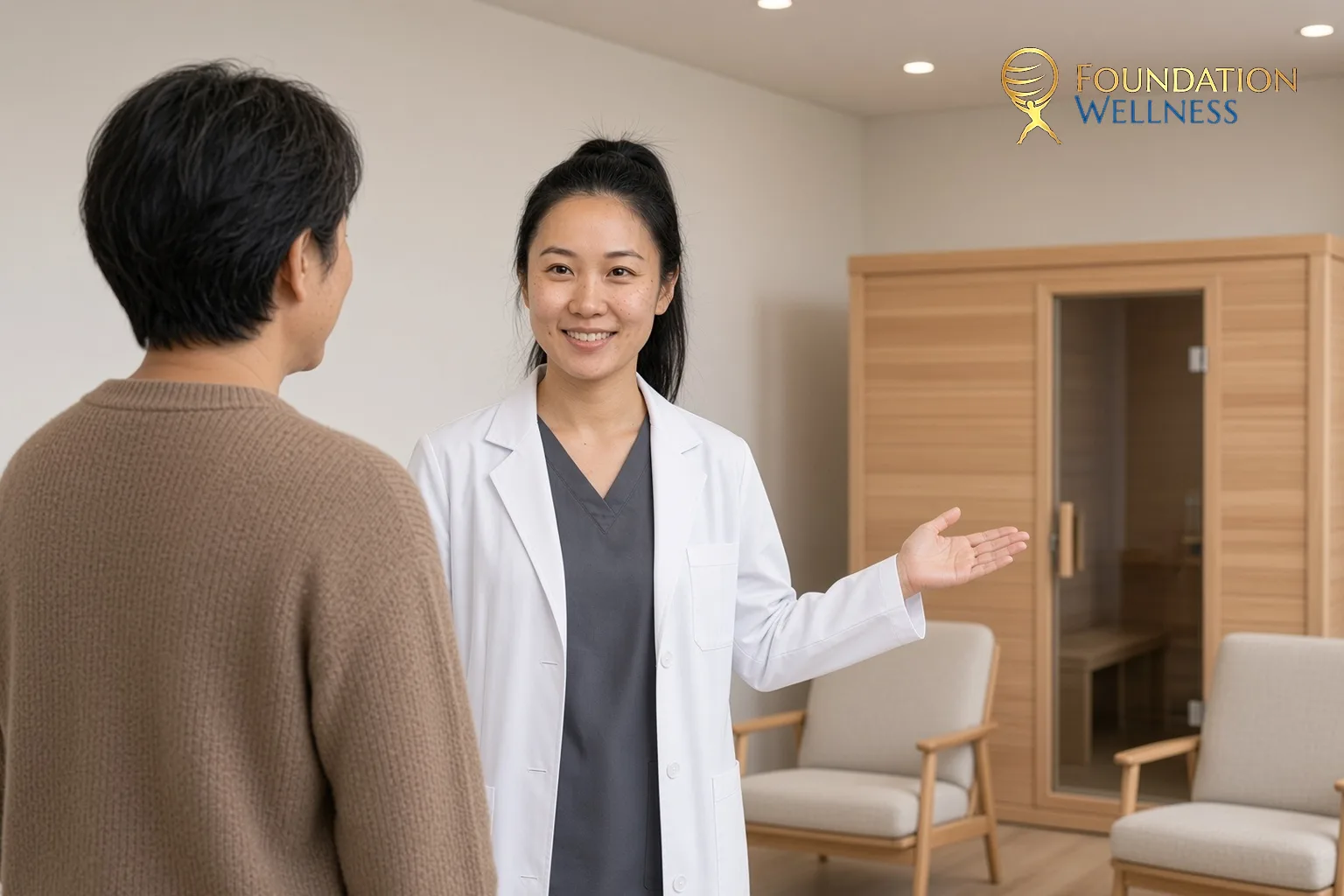 A clinician welcomes a Utah patient into a wellness suite and points to a light wood infrared sauna cabin