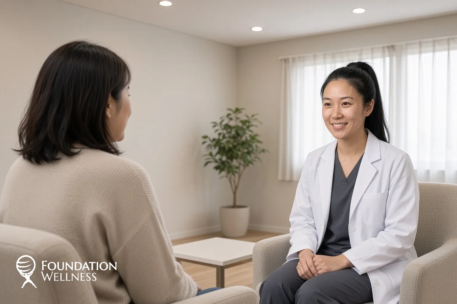 A clinician sits with a patient in a calm wellness room and talks through what research says about infrared sauna benefits