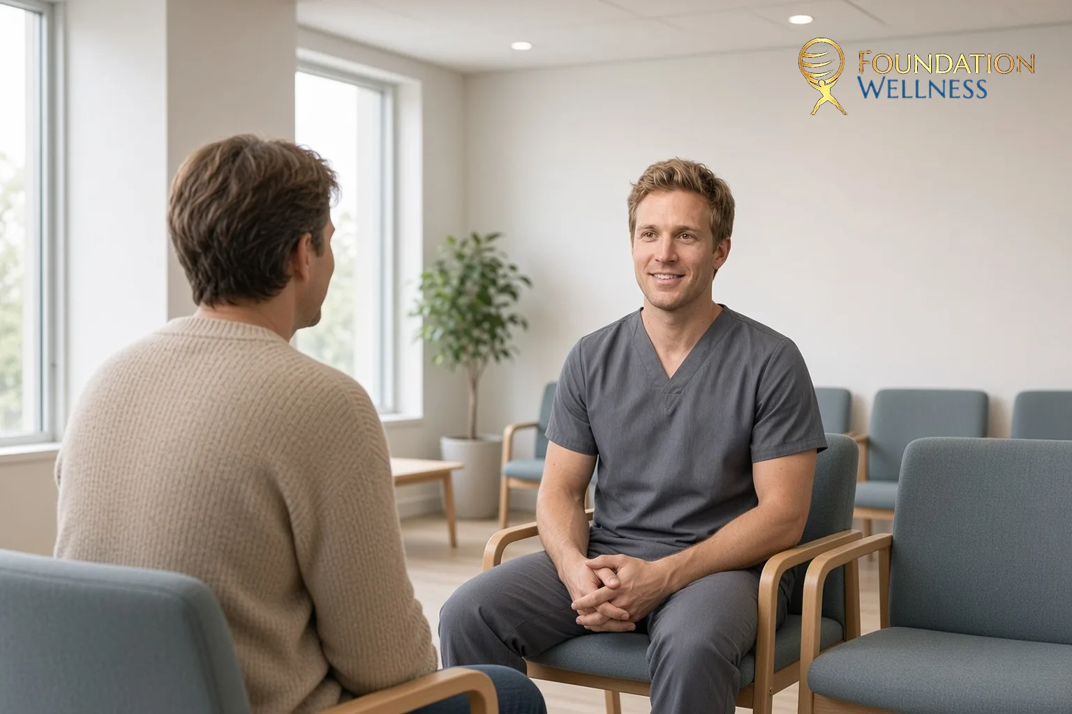 A clinician in scrubs chats with a seated patient about where to try an infrared sauna session in Utah