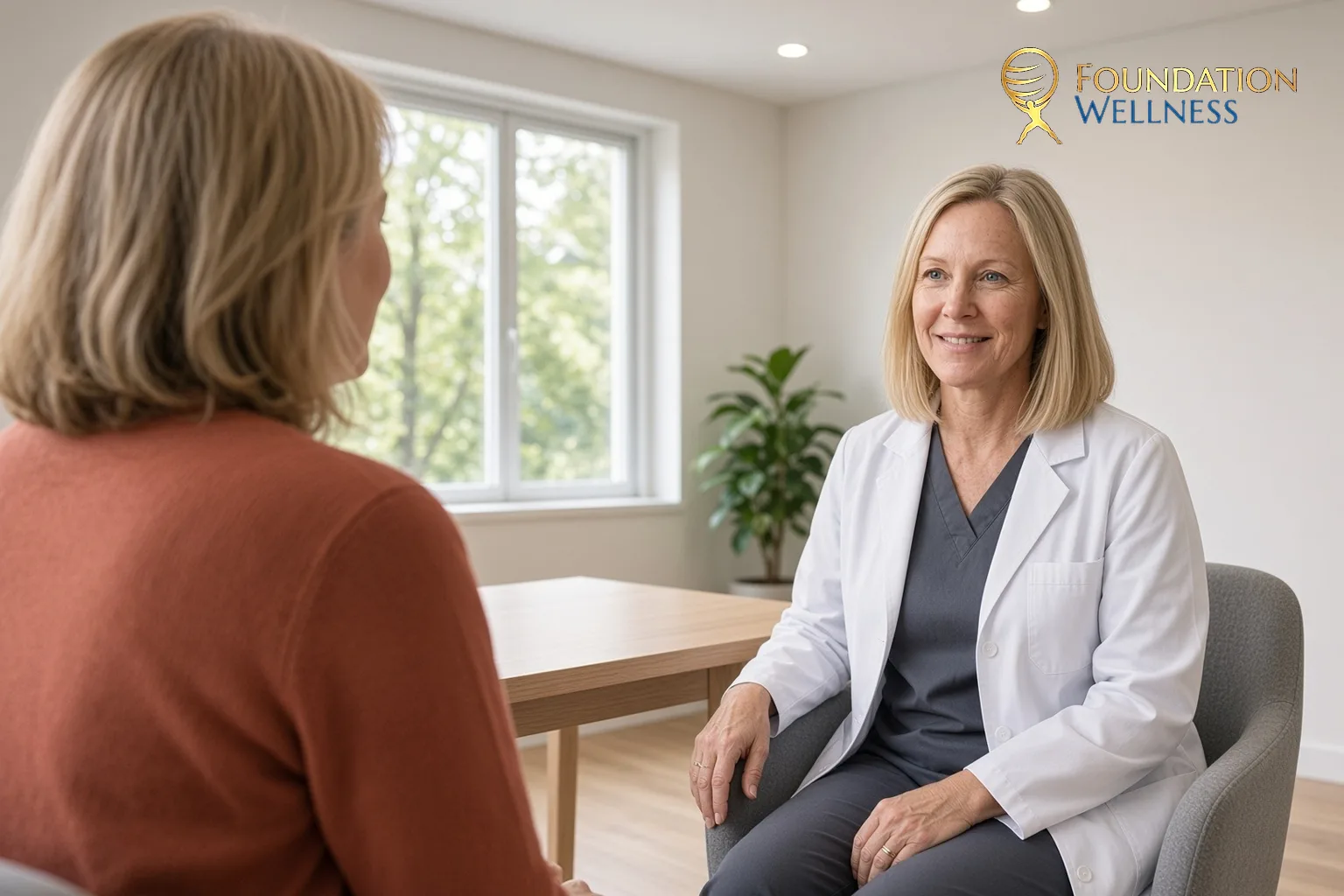 A clinician in a white coat talks with a woman about when low sex drive may point to a medical problem