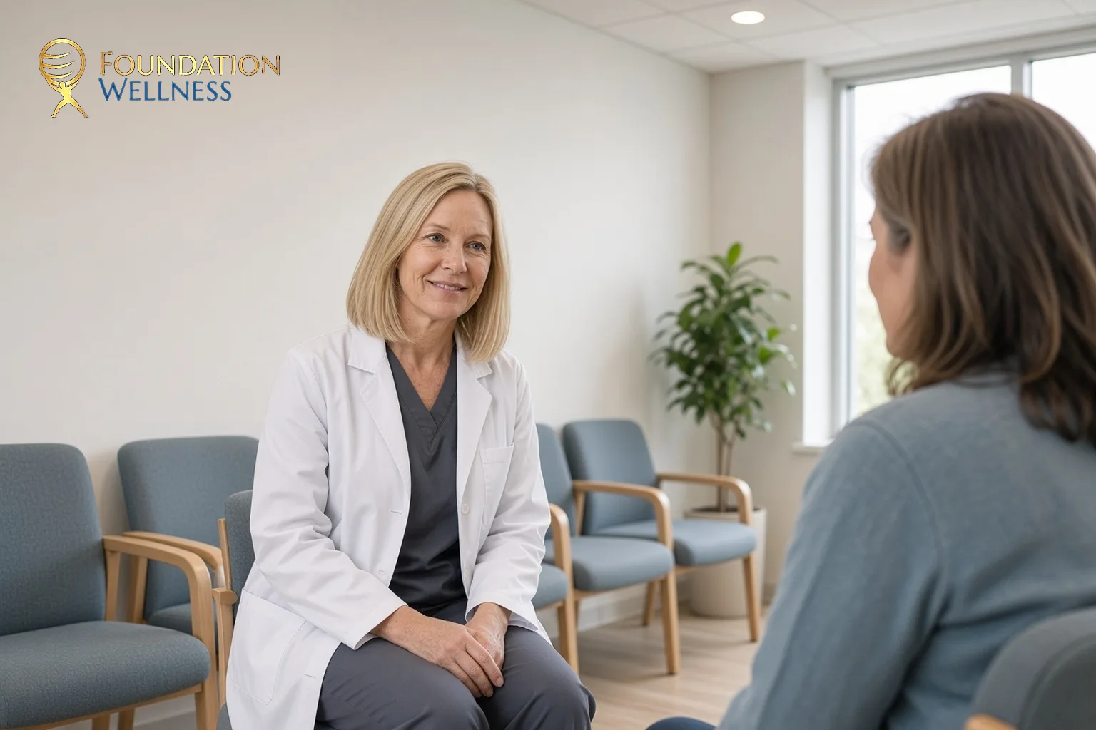 A clinician leans in and listens as a woman in midlife describes memory lapses and brain fog during menopause