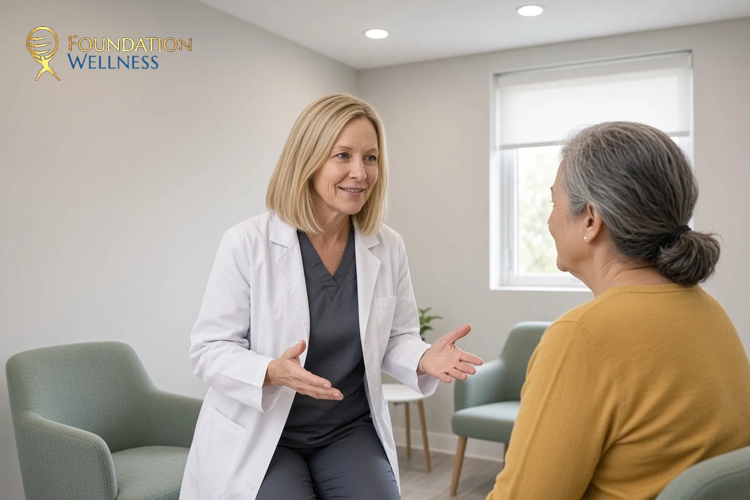A clinician uses open hands to explain to a woman when brain fog usually starts in the menopause transition