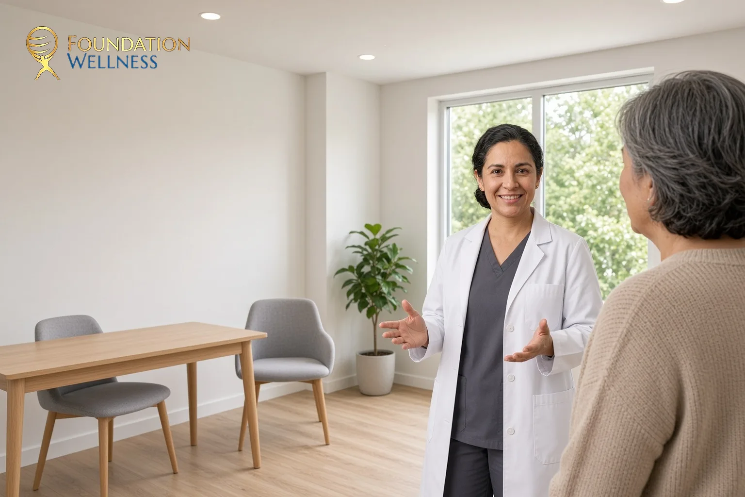 A clinician stands and talks with a patient from American Fork about everyday steps and hormone care for menopause brain fog