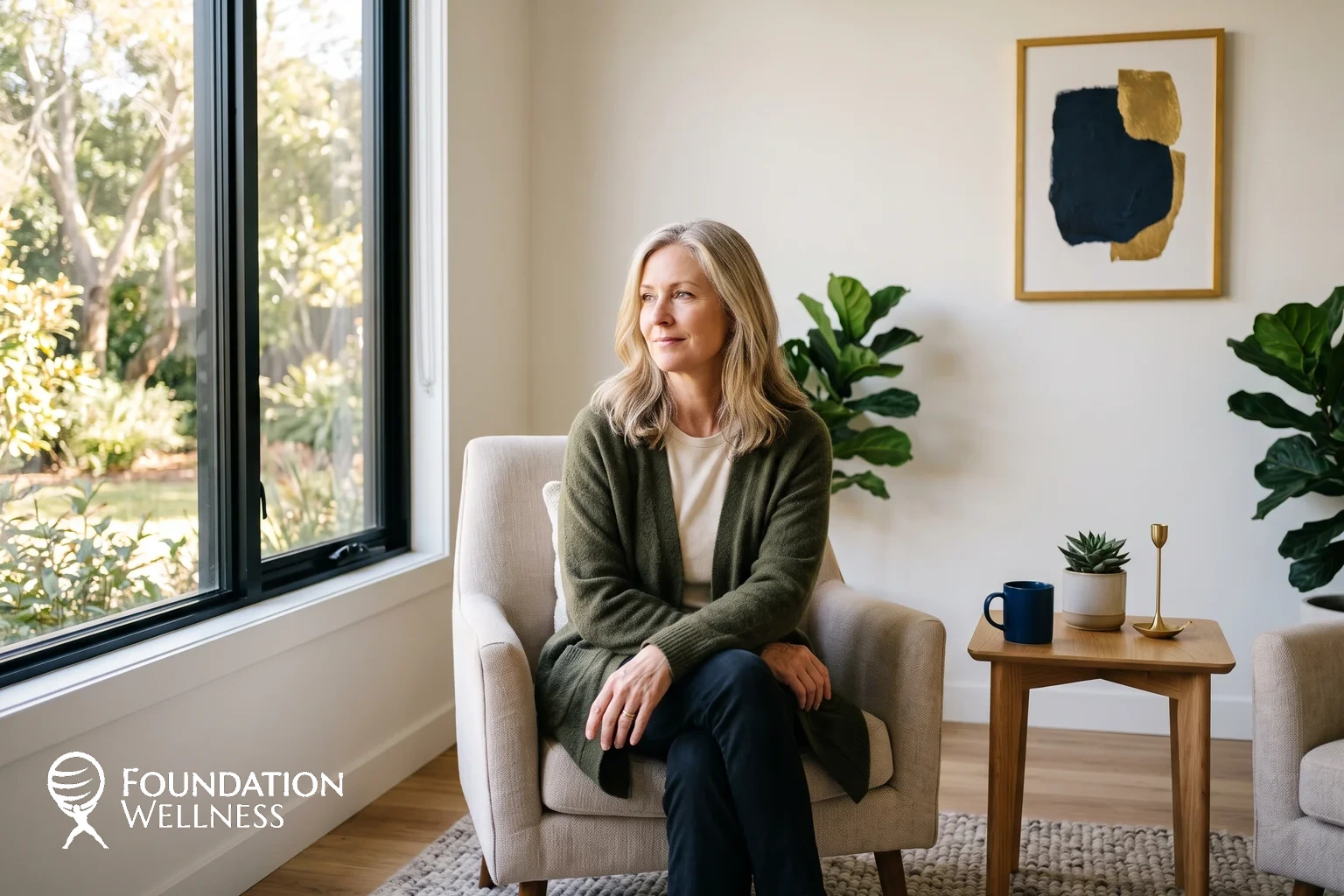 A woman in her fifties reflecting calmly, illustrating the perimenopause transition