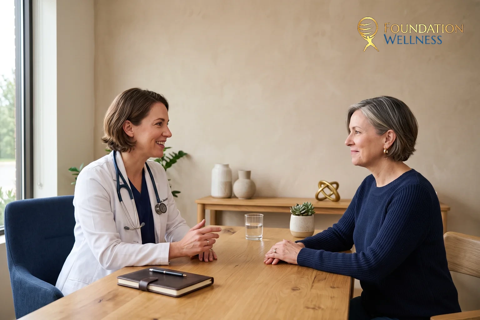A physician gently discussing perimenopause and menopause symptoms with a patient