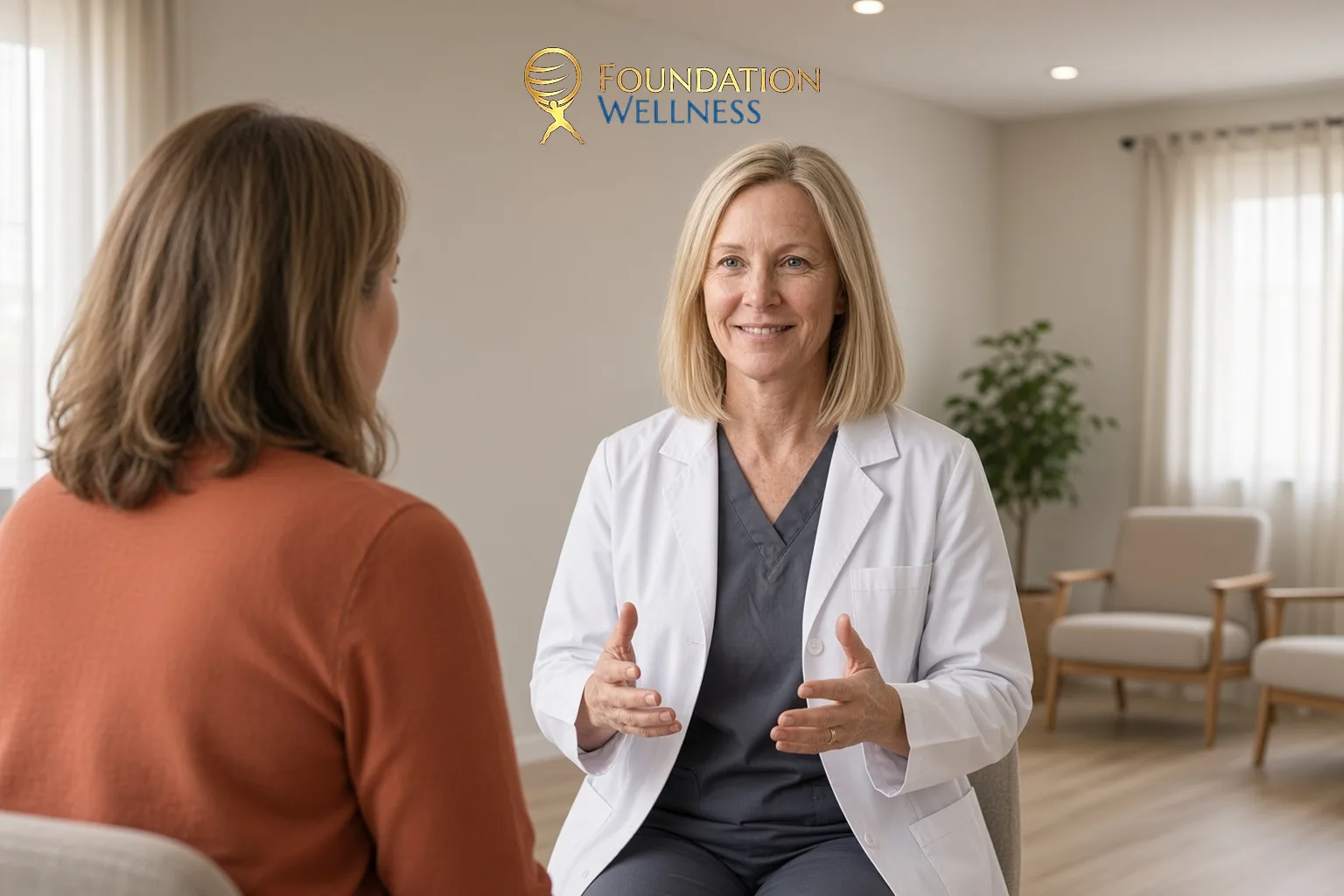 A clinician explains with open hands how taking progesterone for sleep may help a woman in midlife whose nights have changed