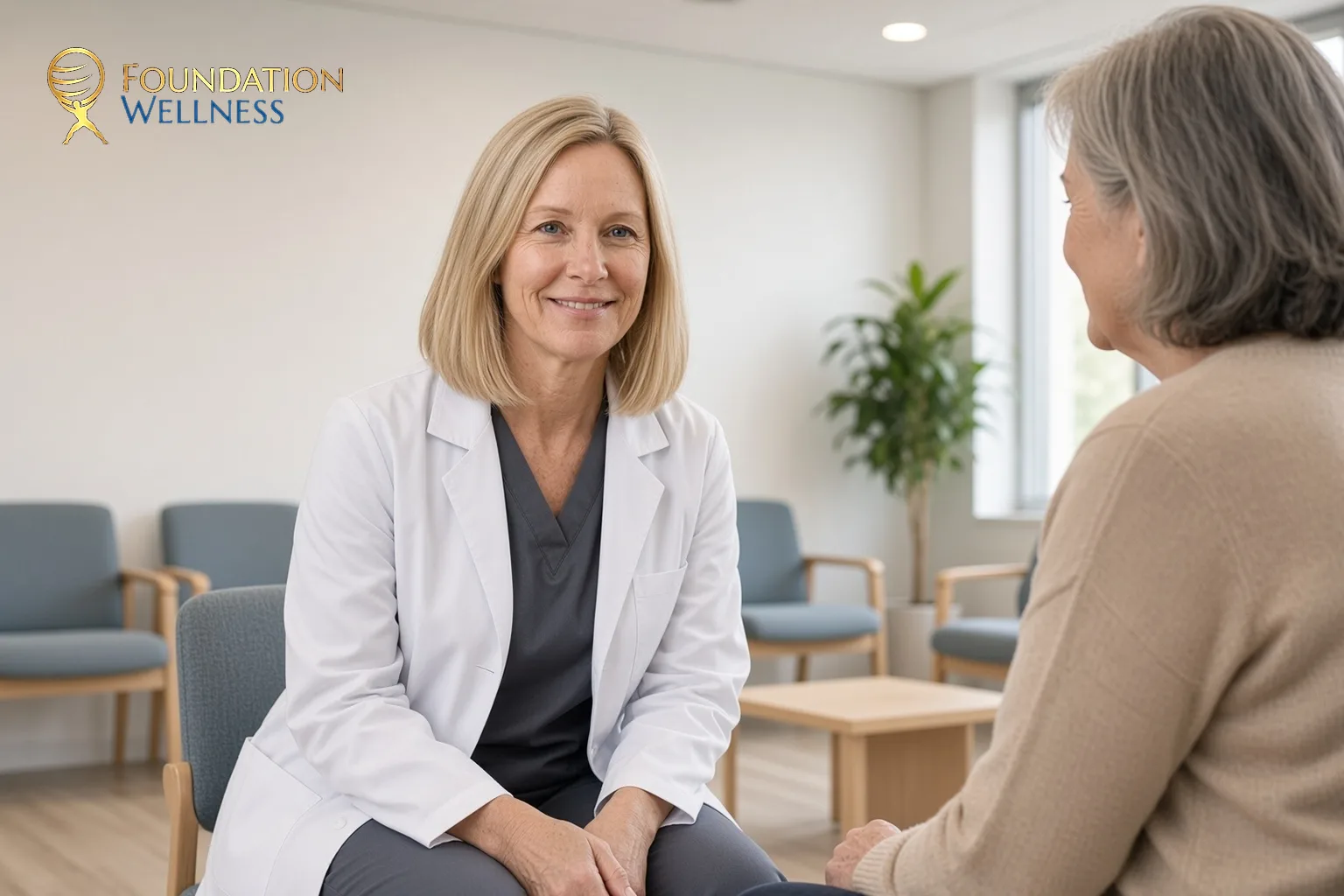 A clinician sits forward at eye level with a patient to talk about why sleep problems often start in perimenopause