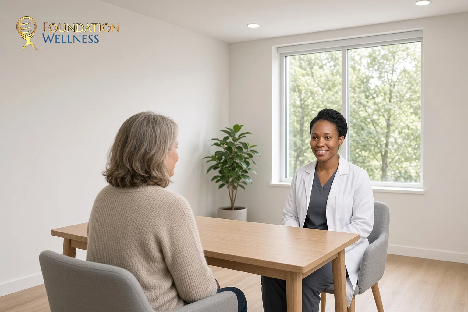 A clinician and a Utah woman sit at a table in a bright room to plan sleep and hormone care together