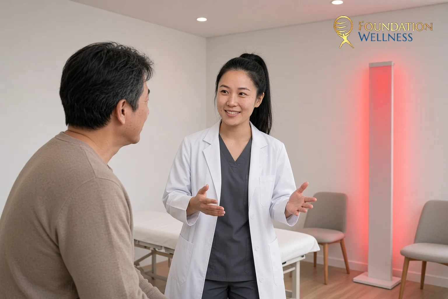 A clinician stands beside a glowing panel and explains to a patient in Utah how red light therapy works