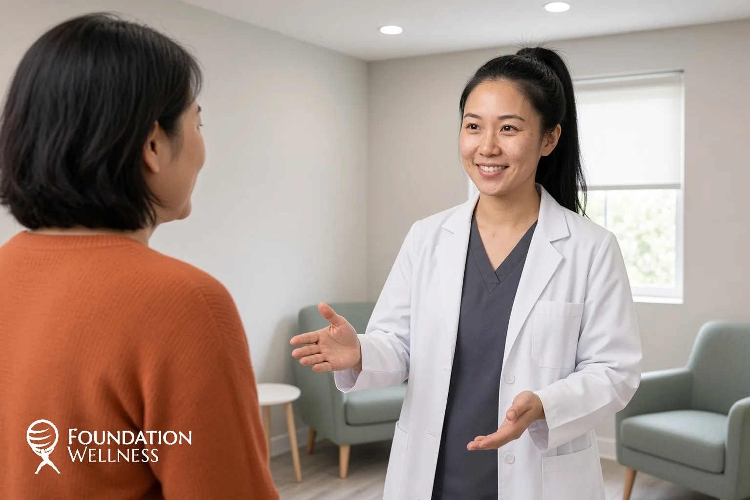 A smiling clinician gestures as she tells a patient what red light therapy can and cannot do for skin