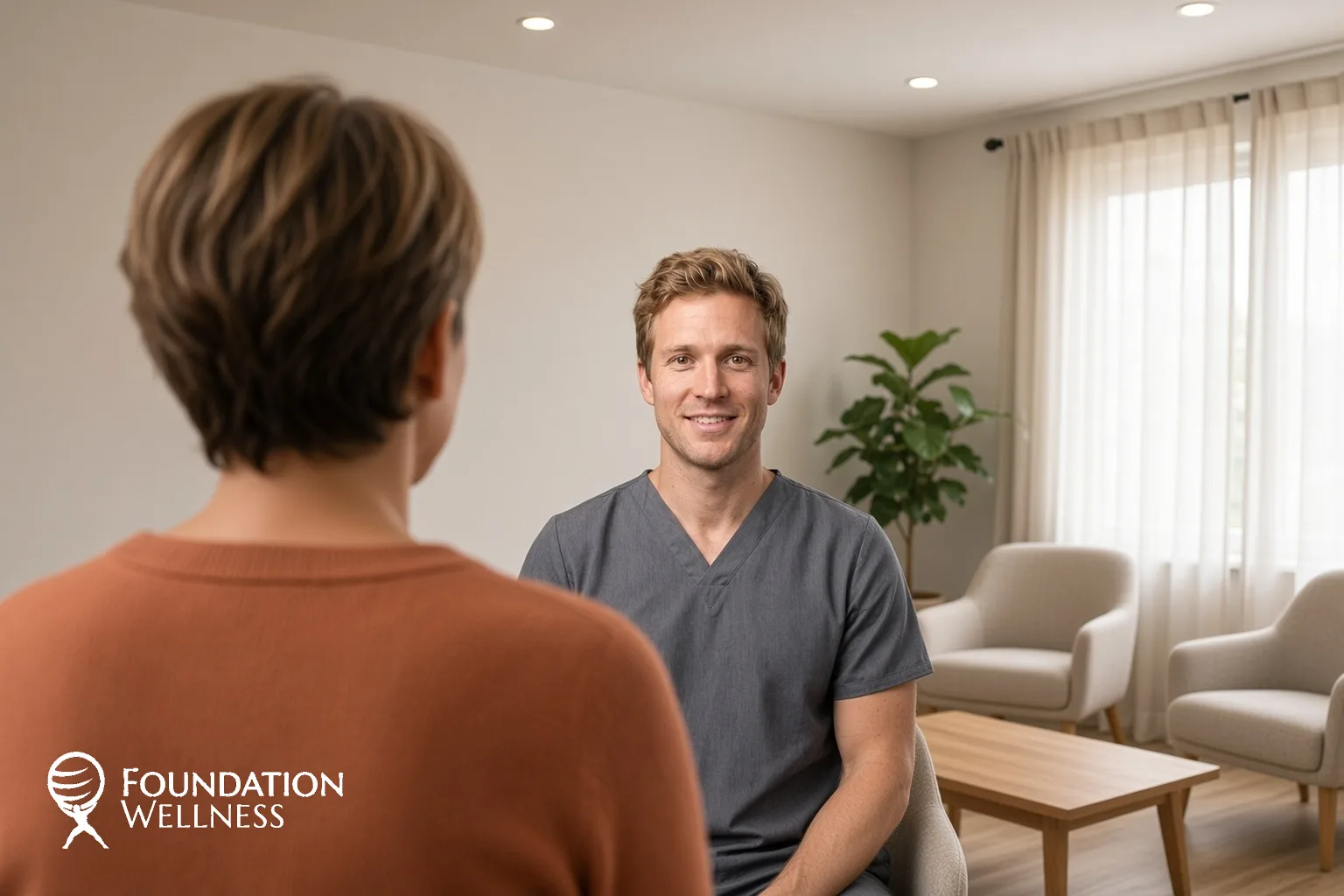 A clinician in scrubs talks a patient through what happens in a red light therapy session and how to book one