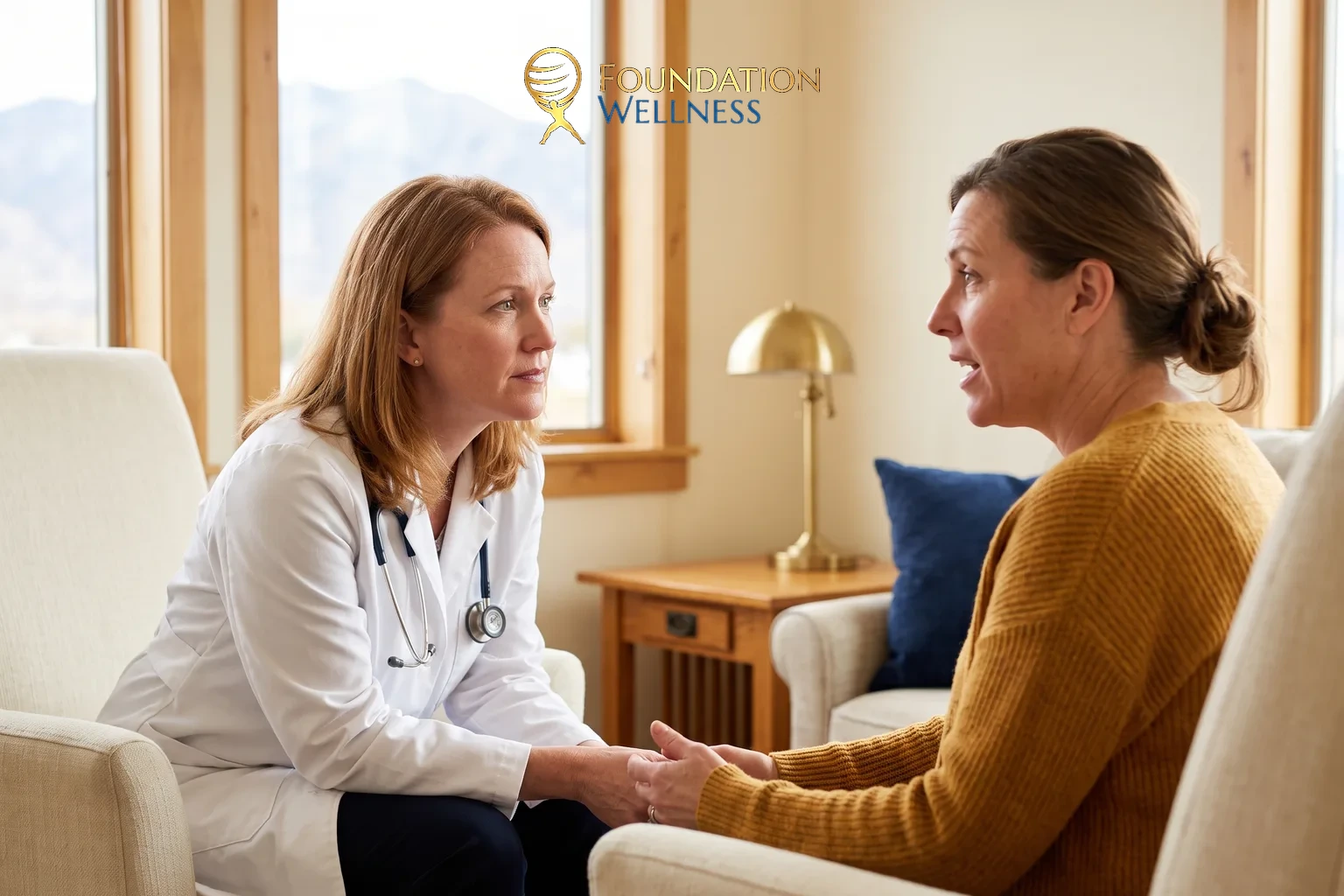 A physician leaning forward in a cream armchair, listening to a woman in a mustard sweater in a sunlit consultation room