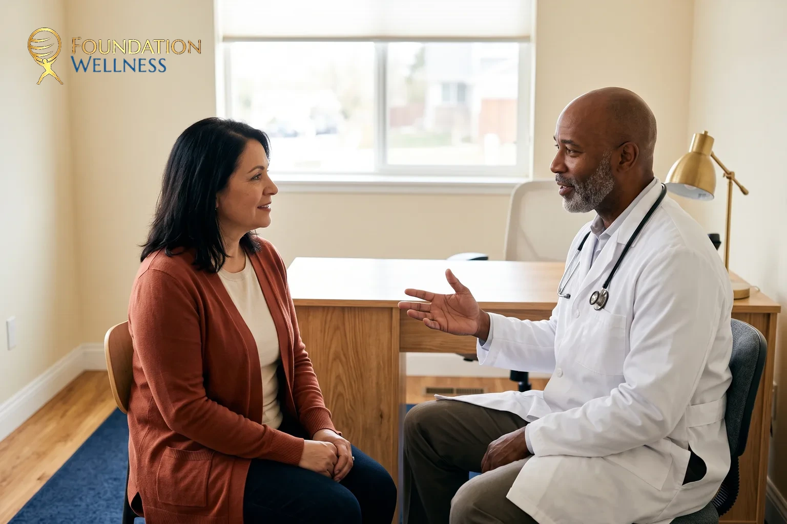 A clinician in a white coat has pulled his chair round beside a woman in a terracotta cardigan and explains something with an open hand