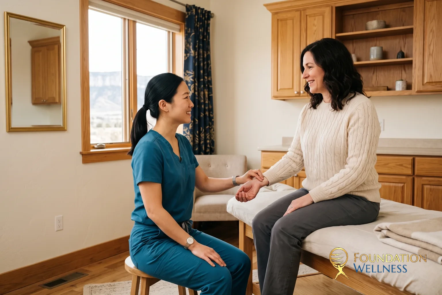 A clinician in teal scrubs sits on a low stool and takes the wrist pulse of a woman seated on the exam table, the two in easy conversation