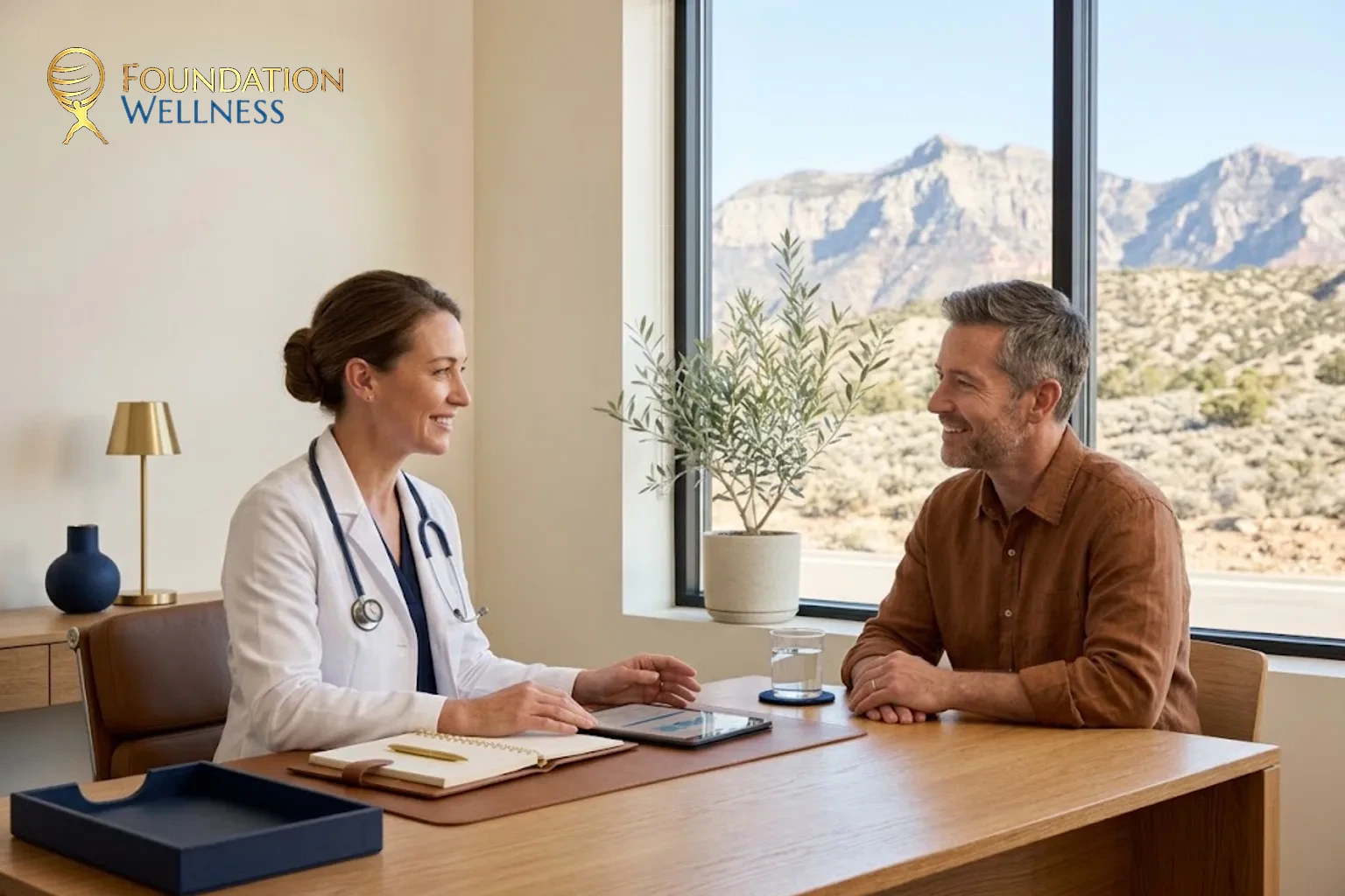 A white-coat clinician talks with a male patient during a first TRT visit at the American Fork clinic