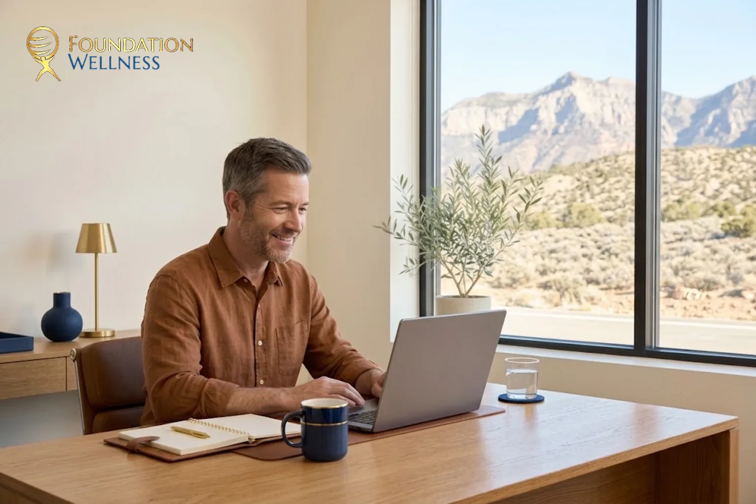A man on a telehealth video call with a Foundation Wellness clinician from home in Utah