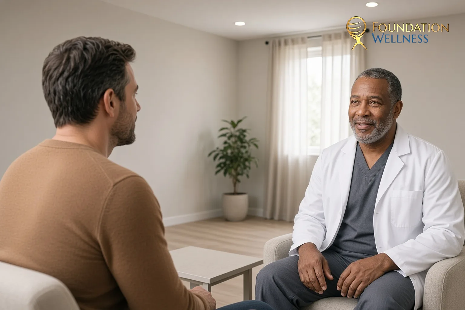 A clinician sits with a male patient and talks through how TRT and fertility plans can fit together