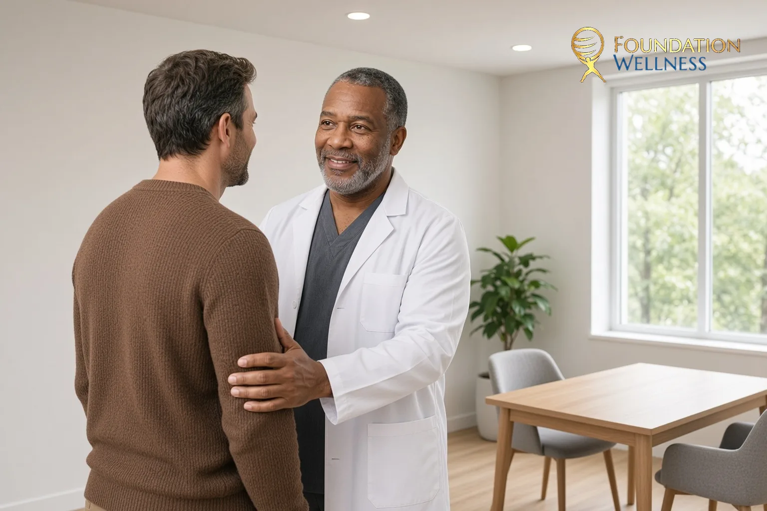 A smiling clinician rests a reassuring hand on a male patient’s arm after answering his questions about TRT side effects