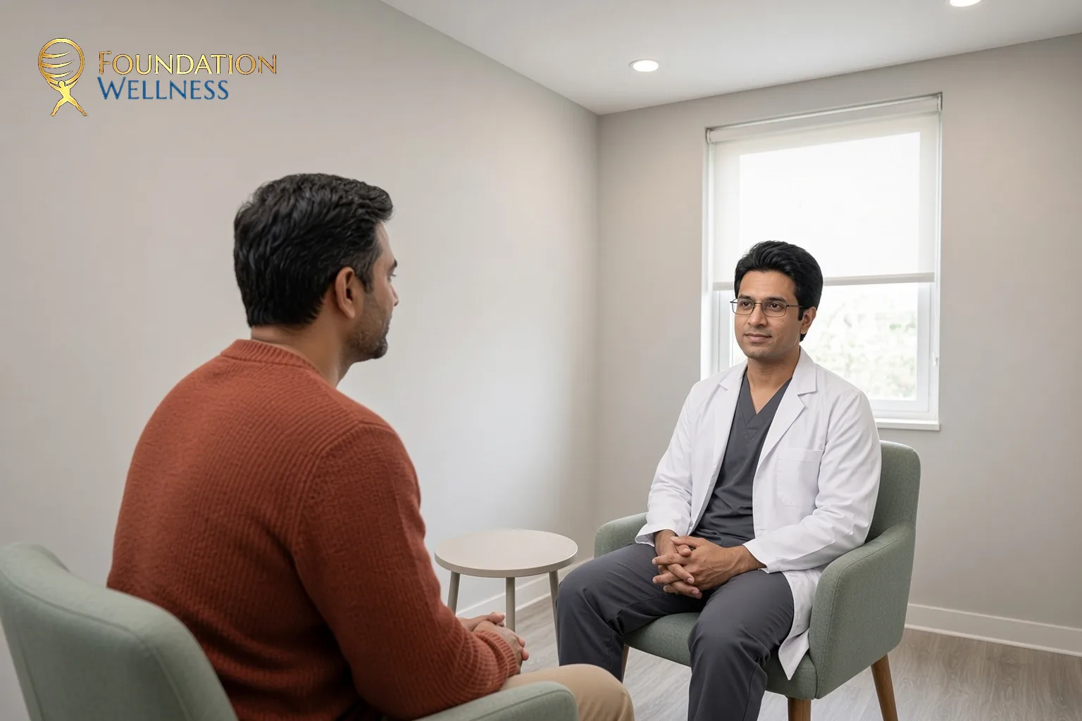 A clinician in a small consult room talks with a Utah man about keeping fertility goals on track during TRT